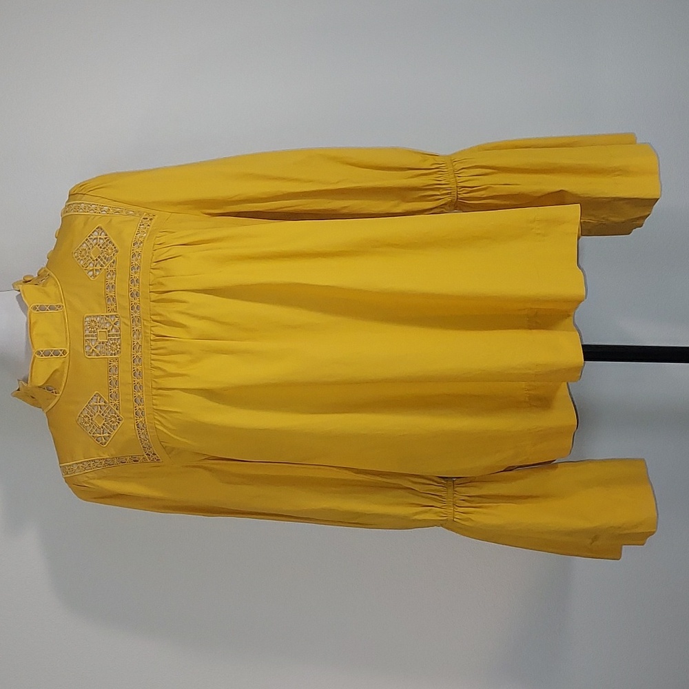 Free People Another Eternity Yellow Embroidered Bell Sleeve Peasant Blouse Large